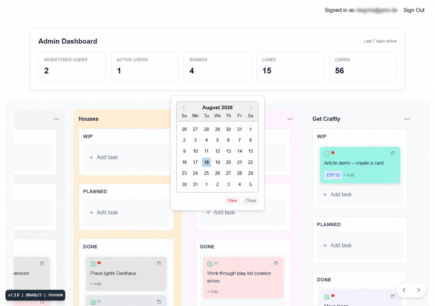 August 2026 date picker open above the demonstration card in Get Craftly