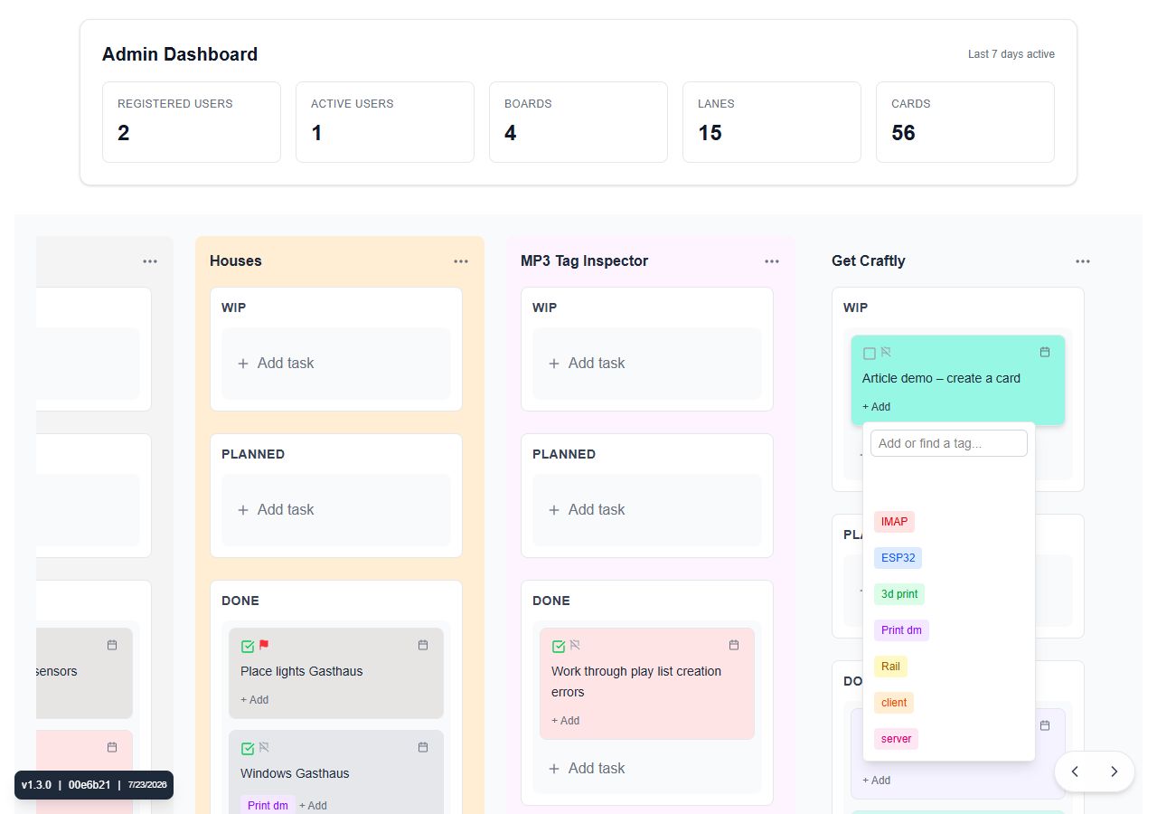 Open Get Craftly tag selector listing reusable coloured tags such as ESP32, IMAP and 3d print