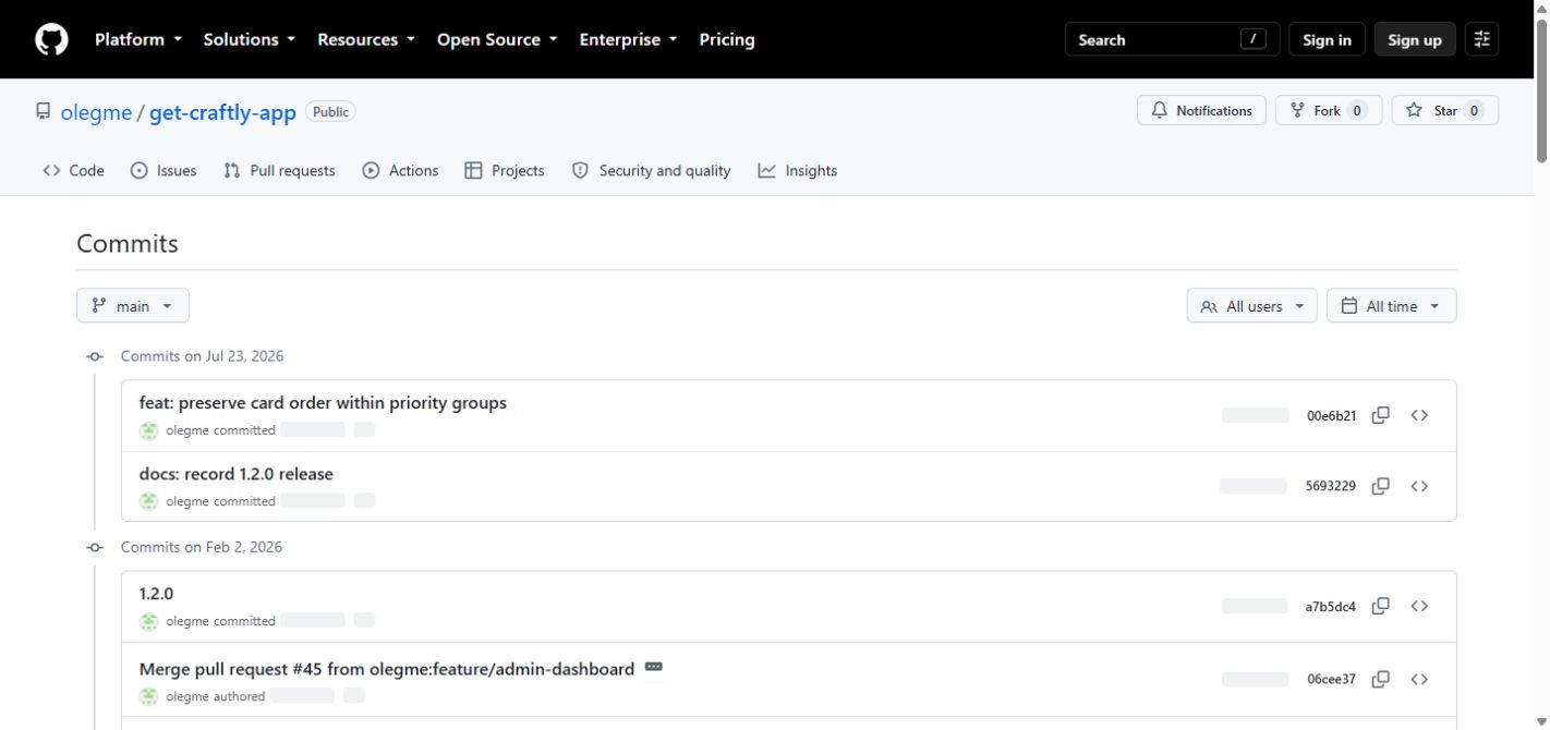 Get Craftly GitHub commit history including card ordering, releases and admin dashboard work