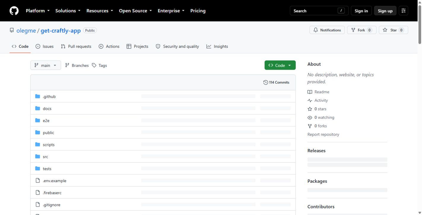 Public Get Craftly GitHub repository showing source, documentation, tests and Firebase files