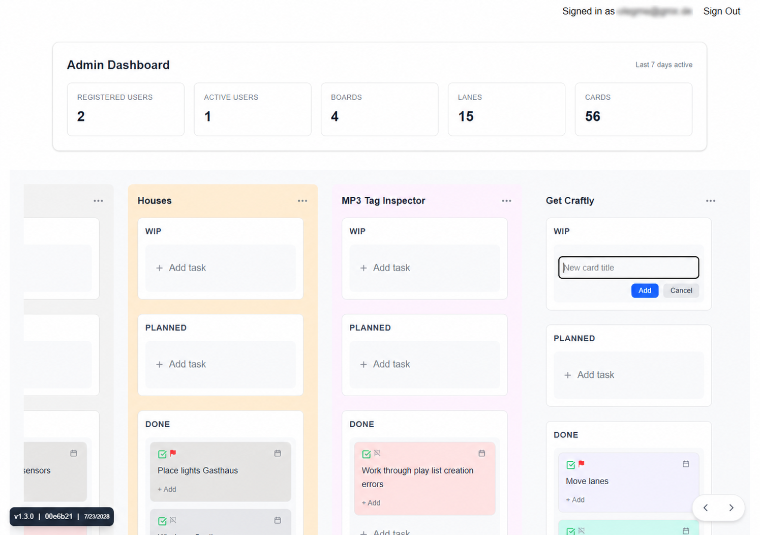 Get Craftly WIP row with the inline New card title form and Add and Cancel buttons